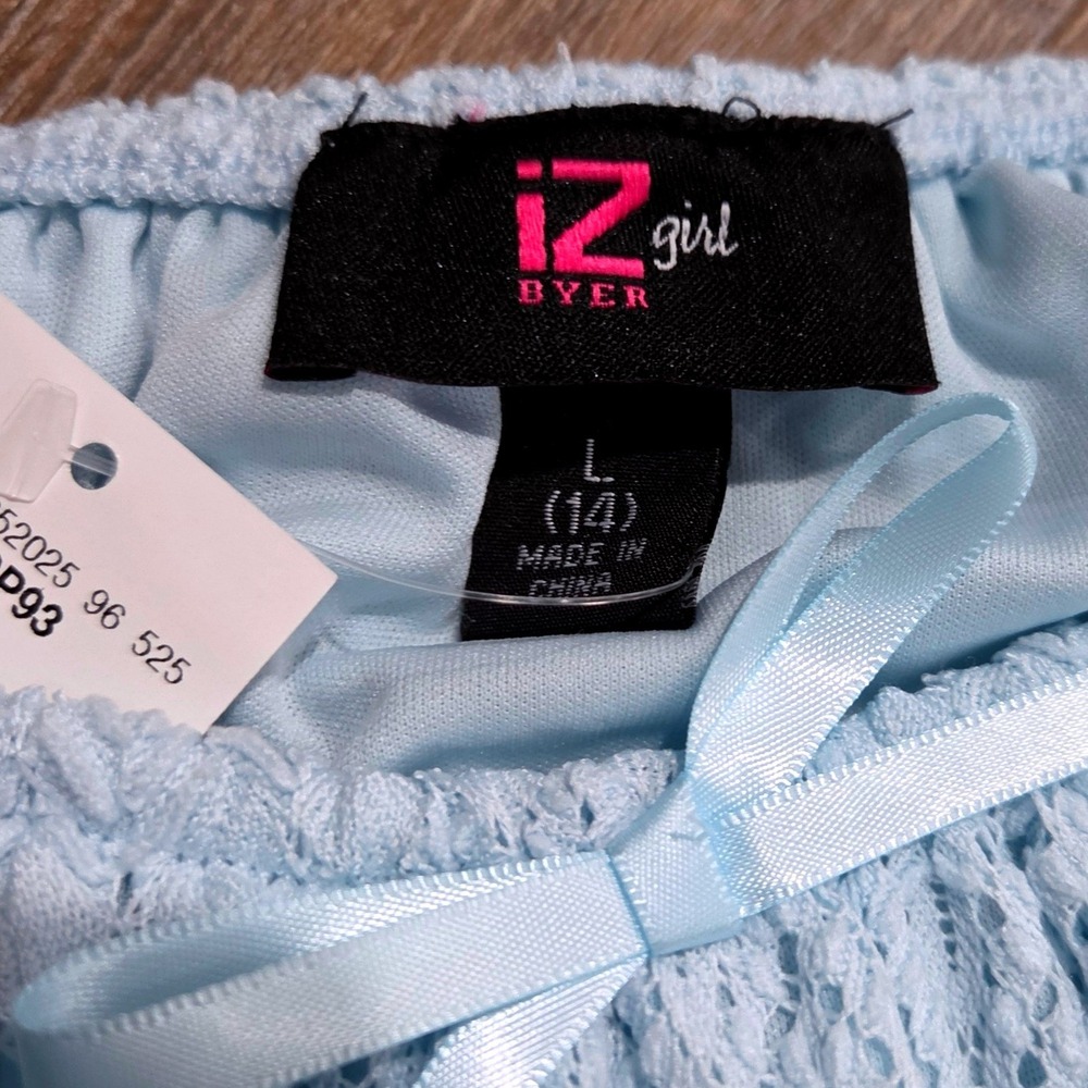 IZ Byer Girl Light Blue Lace Short Sleeve Bow Peplum Top Size L 14 NWT - Picture 2 of 4